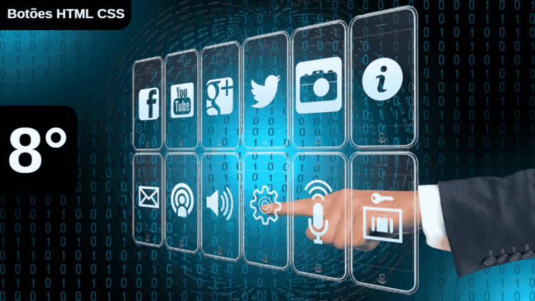Texto explicativo de como fazer Botões HTML CSS: html botões personalizados. Imagem da mão de um homem clicando em um botão virtual